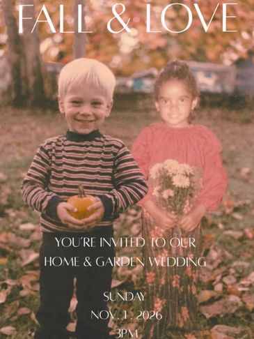 Fall-themed wedding invitation featuring two children.
