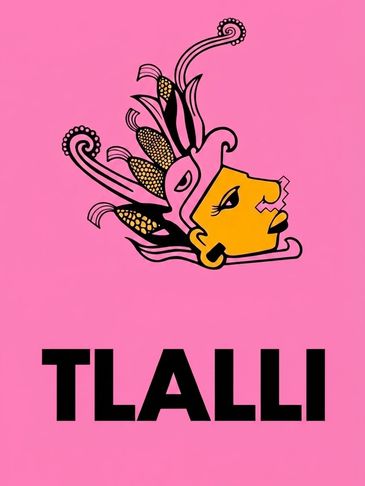 Stylized tribal head with 'TLALLI' text on pink background.