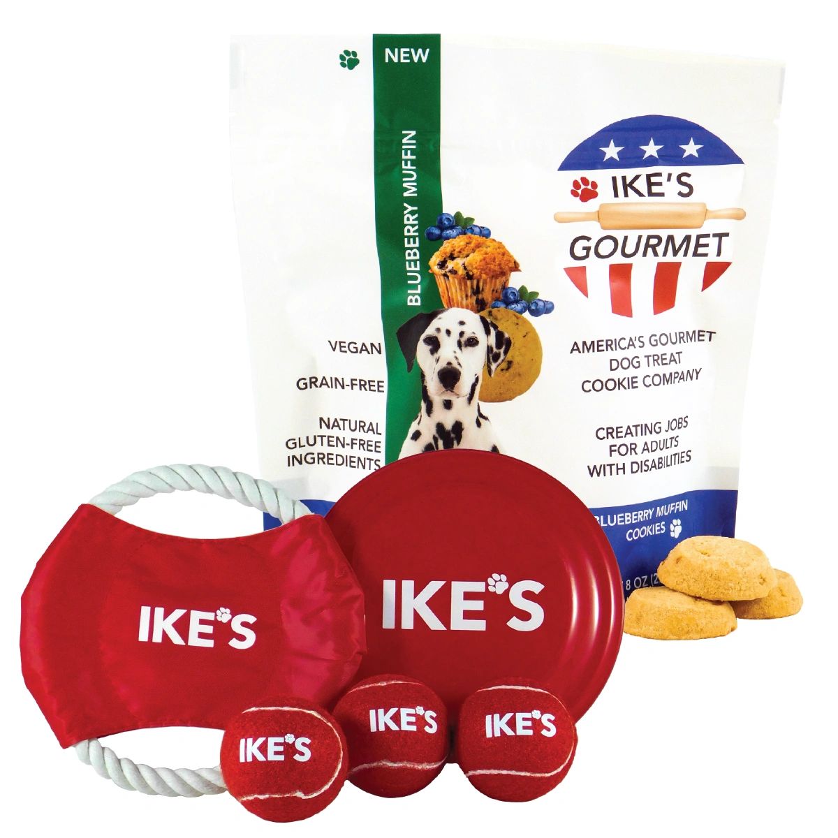 Ike's Gourmet Blueberry Muffin Dog Treat Cookies Gift Set with Three Pet Toys
