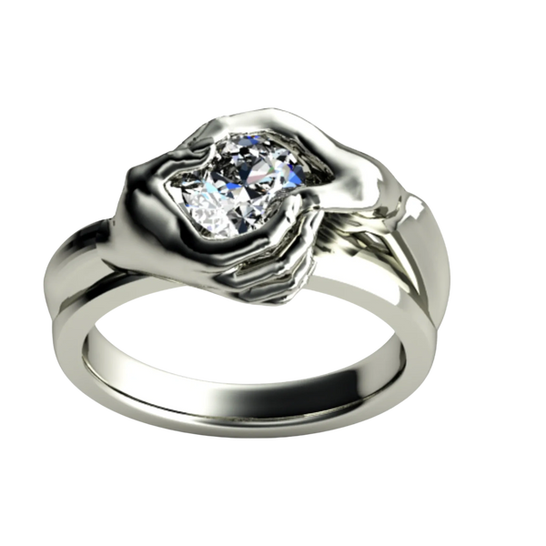 White metal ring of two hands holding a round brilliant diamond.