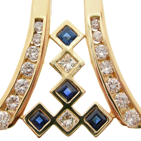 Custom Yellow Gold Pendant/Slide With Natural Round And Square Cut Diamonds And Blue Sapphires.   