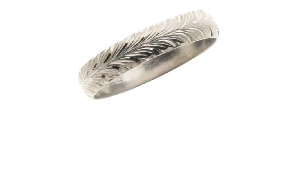 White Gold Running Leaf Hand Engraved Wedding Band