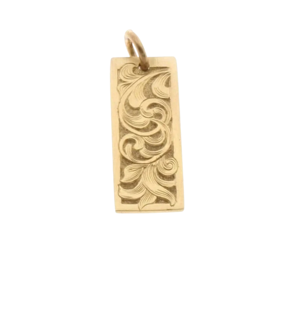 Yellow Gold Hand Crafted And Hand Engraved Scroll Design Vertical Bar Pendant