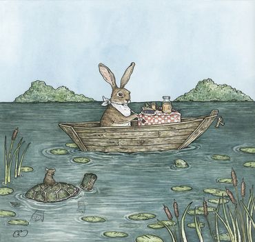 watercolor children's illustration of a rabbit in a boat eating lunch and a turtle and mouse