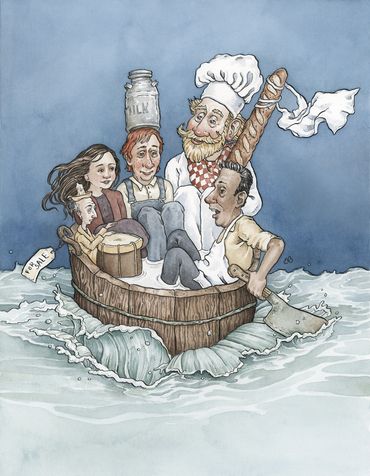 watercolor children's book illustration of men and a girl in a tub floating at sea