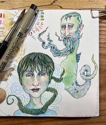 Surreal watercolor painting of two mythical sea creatures with human faces and tentacles.