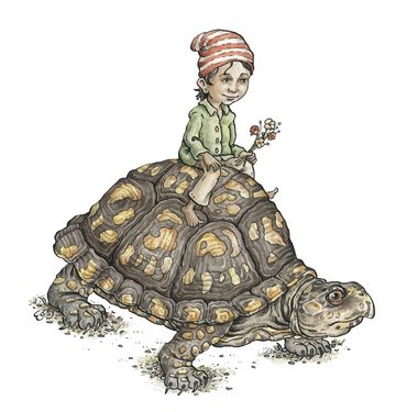watercolor illustration of a little boy elf riding on a turtle