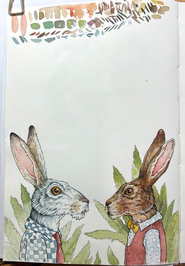 Two anthropomorphic rabbits in vintage clothing facing each other.