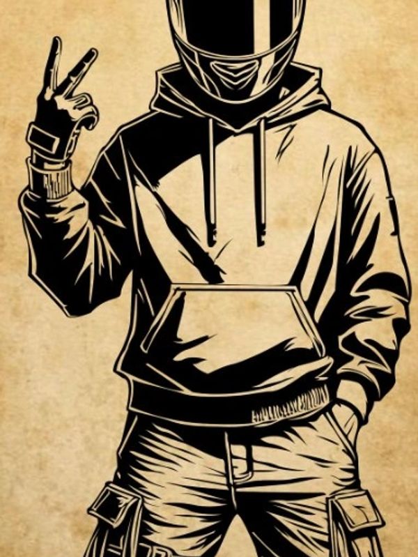 Stylized illustration of a person in a helmet and hoodie showing a peace sign.