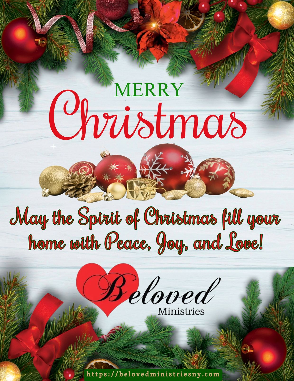 Festive Christmas greeting with ornaments and greenery from Beloved Ministries.