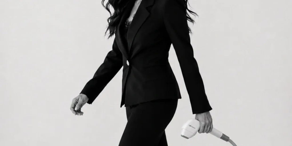 Woman in a black suit holding a white handheld device against a plain background.