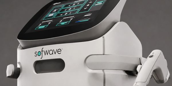 A Sofwave medical device with a touchscreen interface and attached handheld applicator.