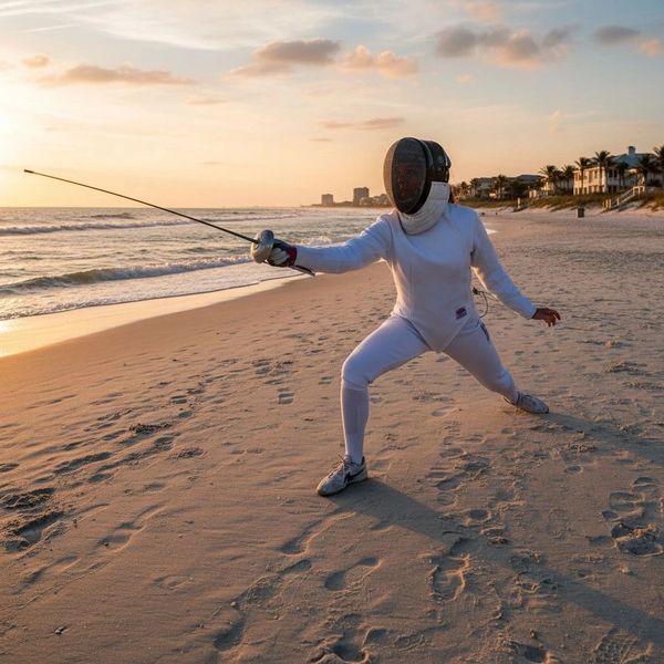 Person fencing on a beach at sunset, dressed in full gear.