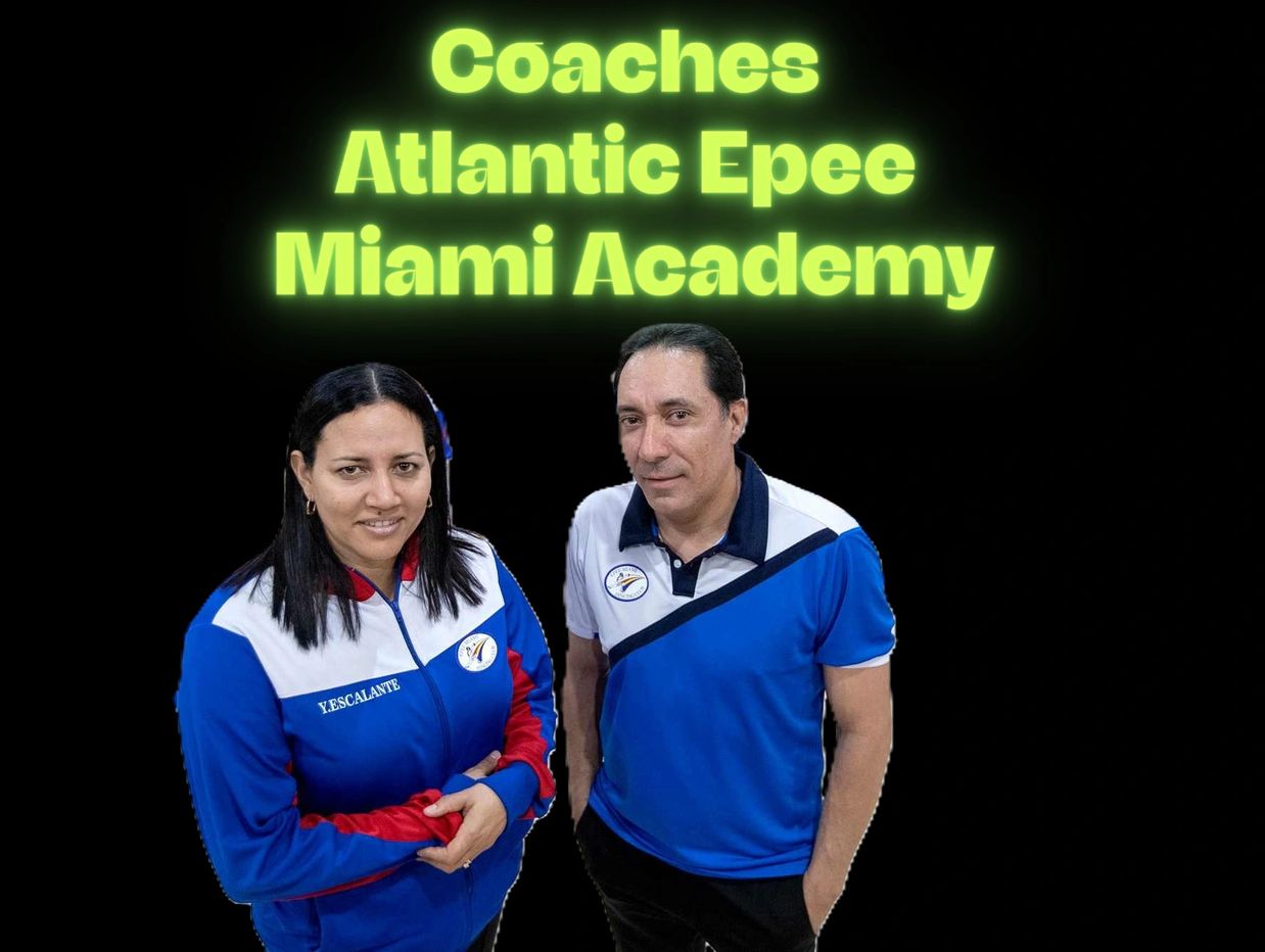 Two coaches from Atlantic Epee Miami Academy posing against a black background.