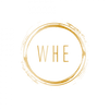 Golden circular brushstroke logo with 'WHE' initials inside on black background.