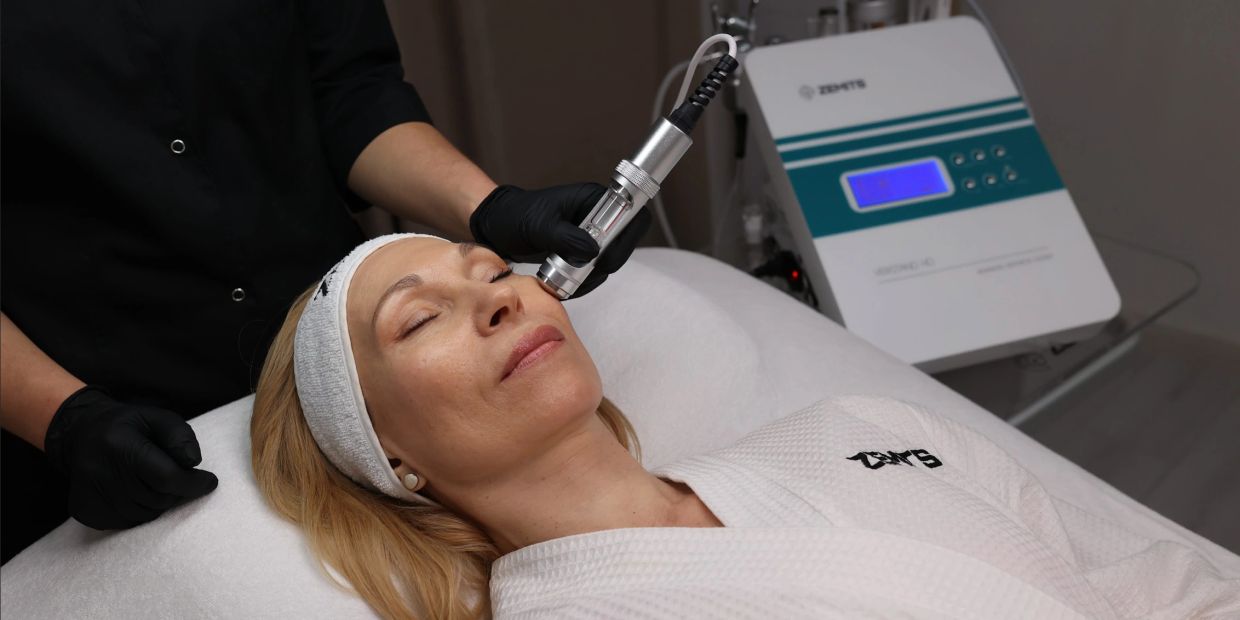 Woman receiving facial treatment with a device in a spa.