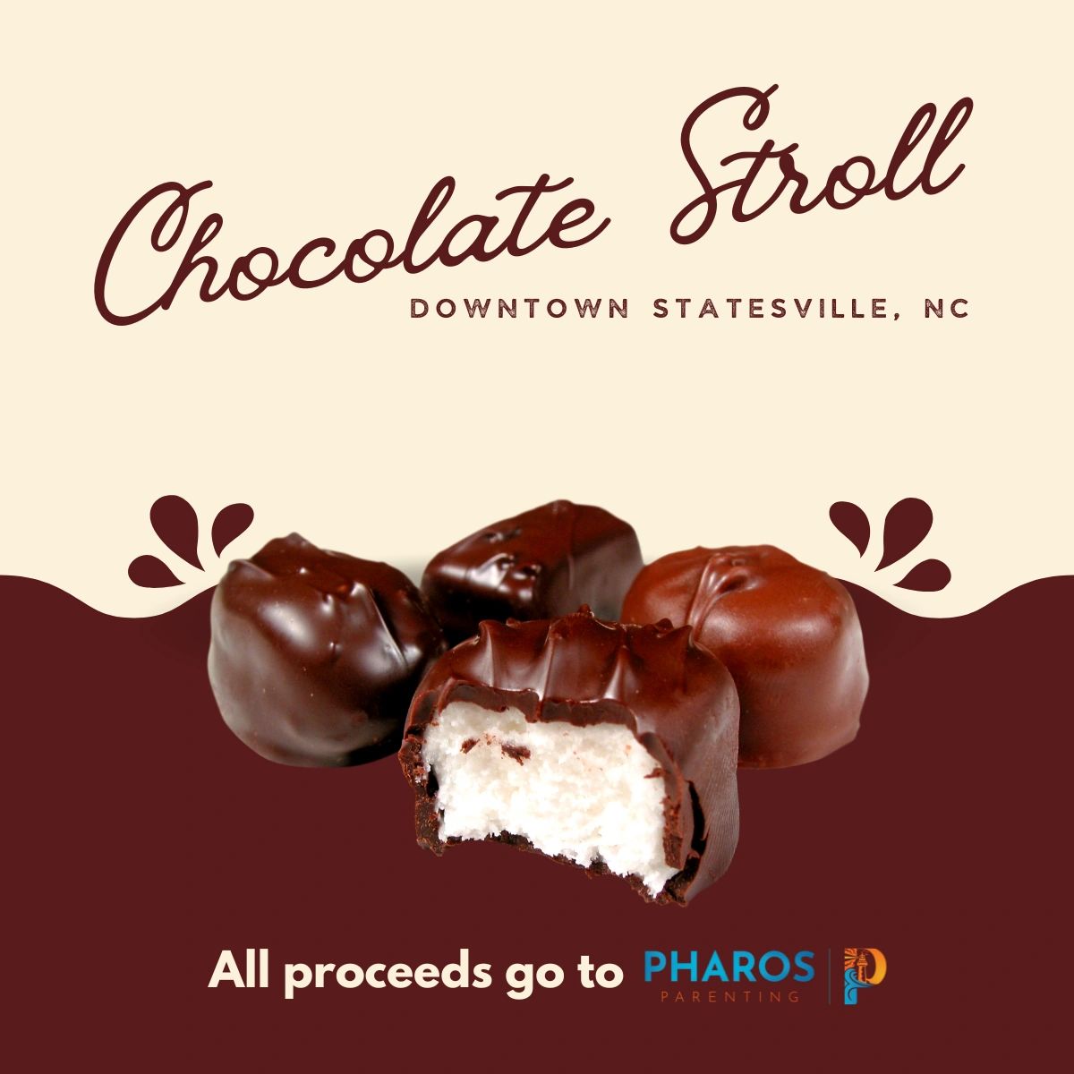 Statesville Chocolate Stroll logo with pictures of various chocolates over brown background