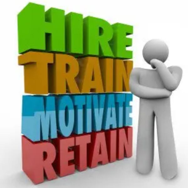 3D figure next to colorful words: Hire, Train, Motivate, Retain.