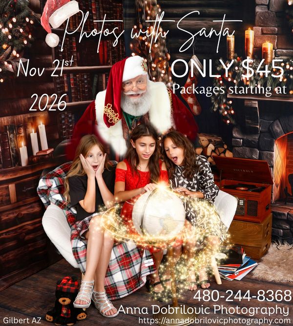 Santa photo session offer on Nov 21, 2026, $45 packages.