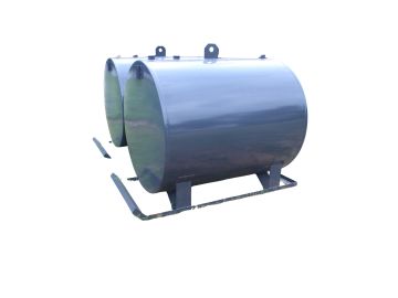 Two large cylindrical metal tanks on a metal frame.