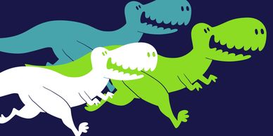 Rendering of three dinosaurs running to the right