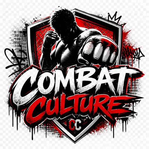 Stylized combat culture logo with a fighter and bold text.