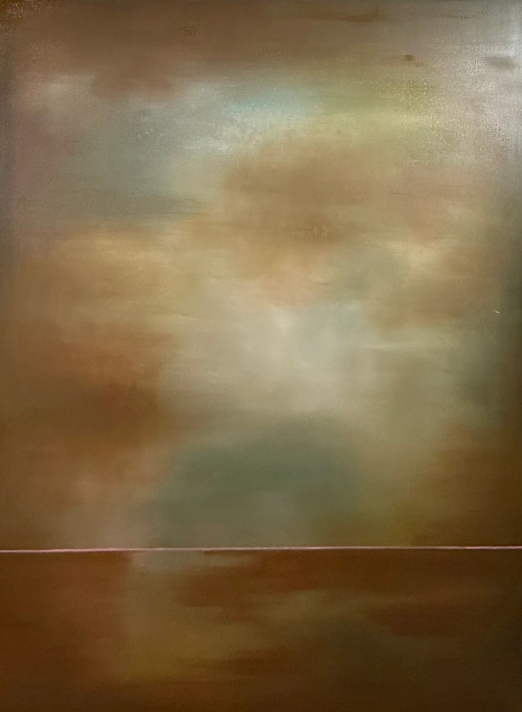 Abstract painting with soft earthy tones and a horizontal line.