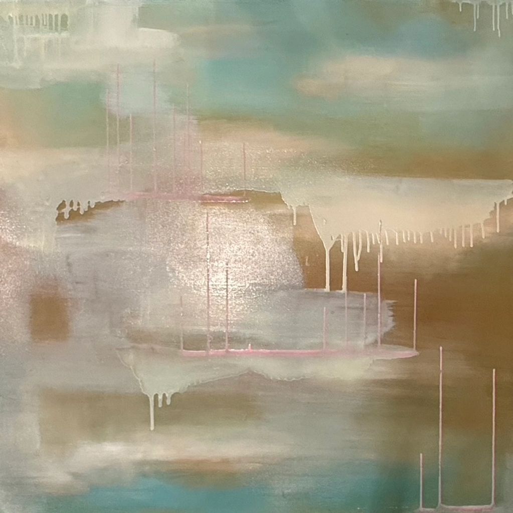 Abstract painting with soft pastel colors and dripping paint effects.