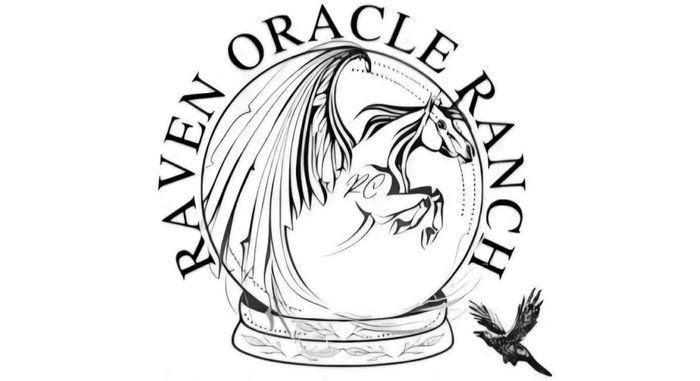 Logo of Raven Oracle Ranch with a winged horse and a flying raven.