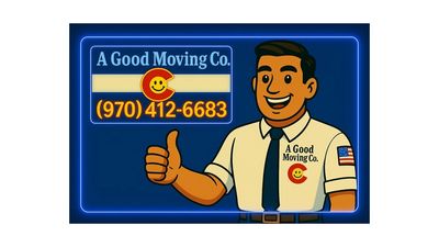 Mover giving a thumbs up next to the A Good Moving Company logo and phone number (970) 412-6683.