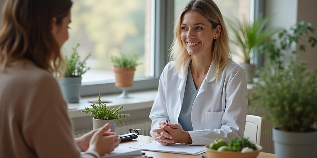 Doctor consulting a patient in a bright office.