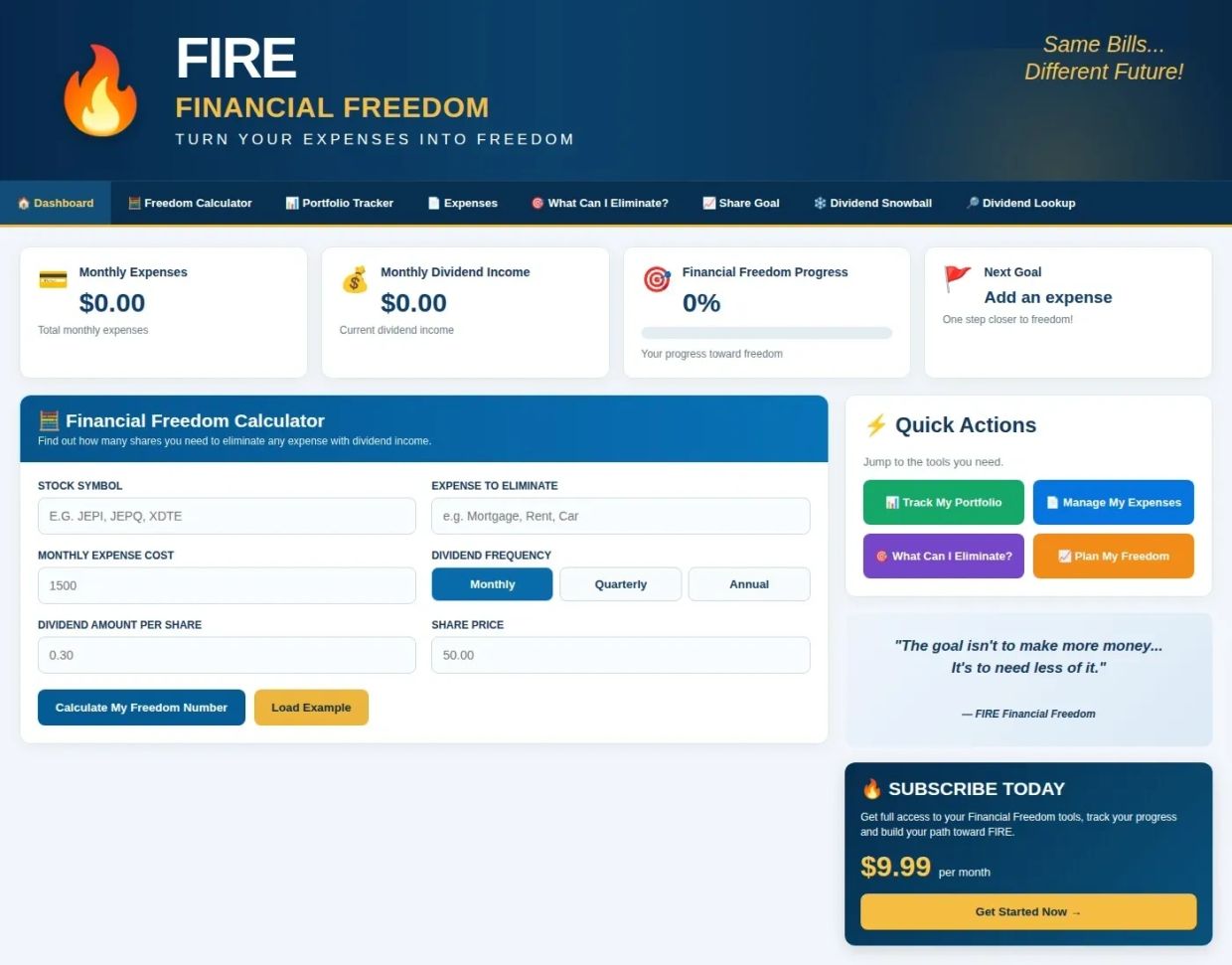 Financial calculator dashboard for tracking expenses and dividend income.