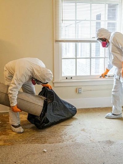 A technician in protective gear performing biohazard cleanup.