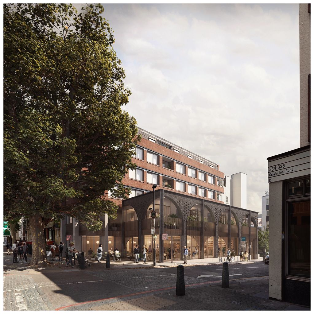 Modern building with arches and people outside on Gray's Inn Road.