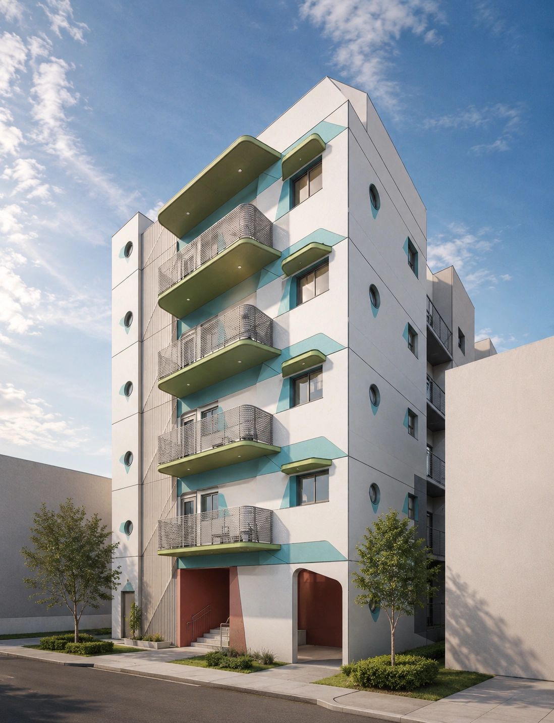Modern five-story apartment with green balconies and geometric blue accents.