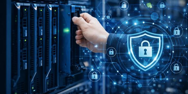 Hand securing data in a server with digital lock icons symbolizing cybersecurity.
