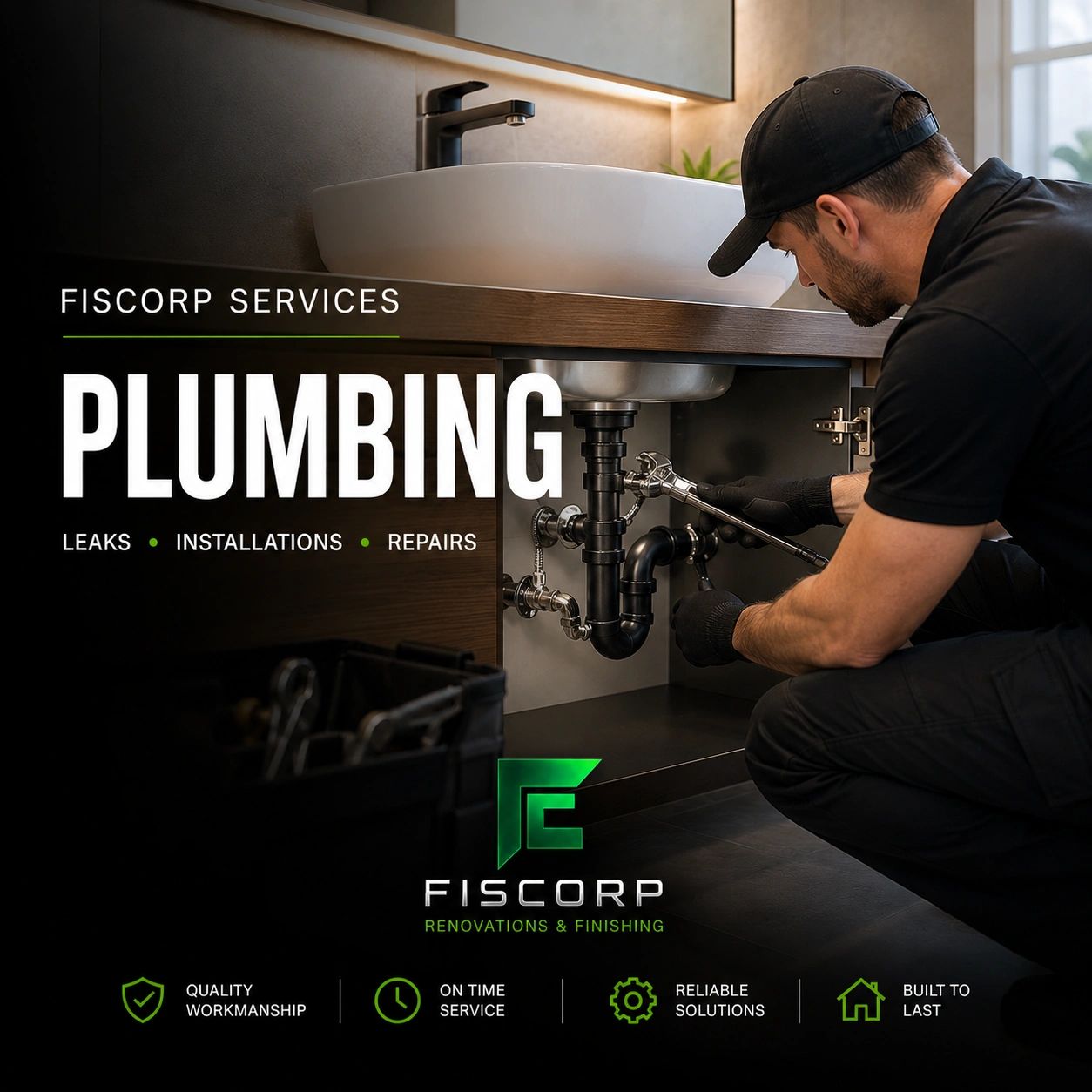 Plumbing services by Fiscorp: leaks, installations, and repairs with quality and reliability.
