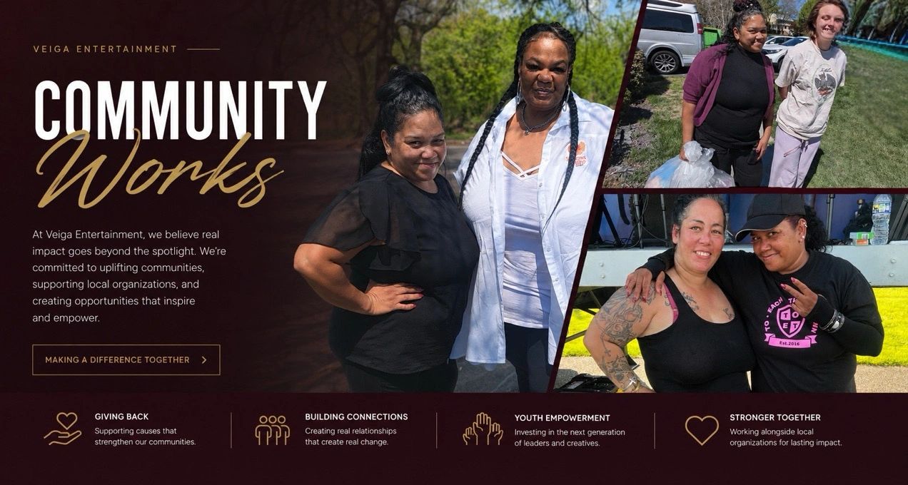 Collage showcasing Veiga Entertainment's community work and empowerment initiatives.