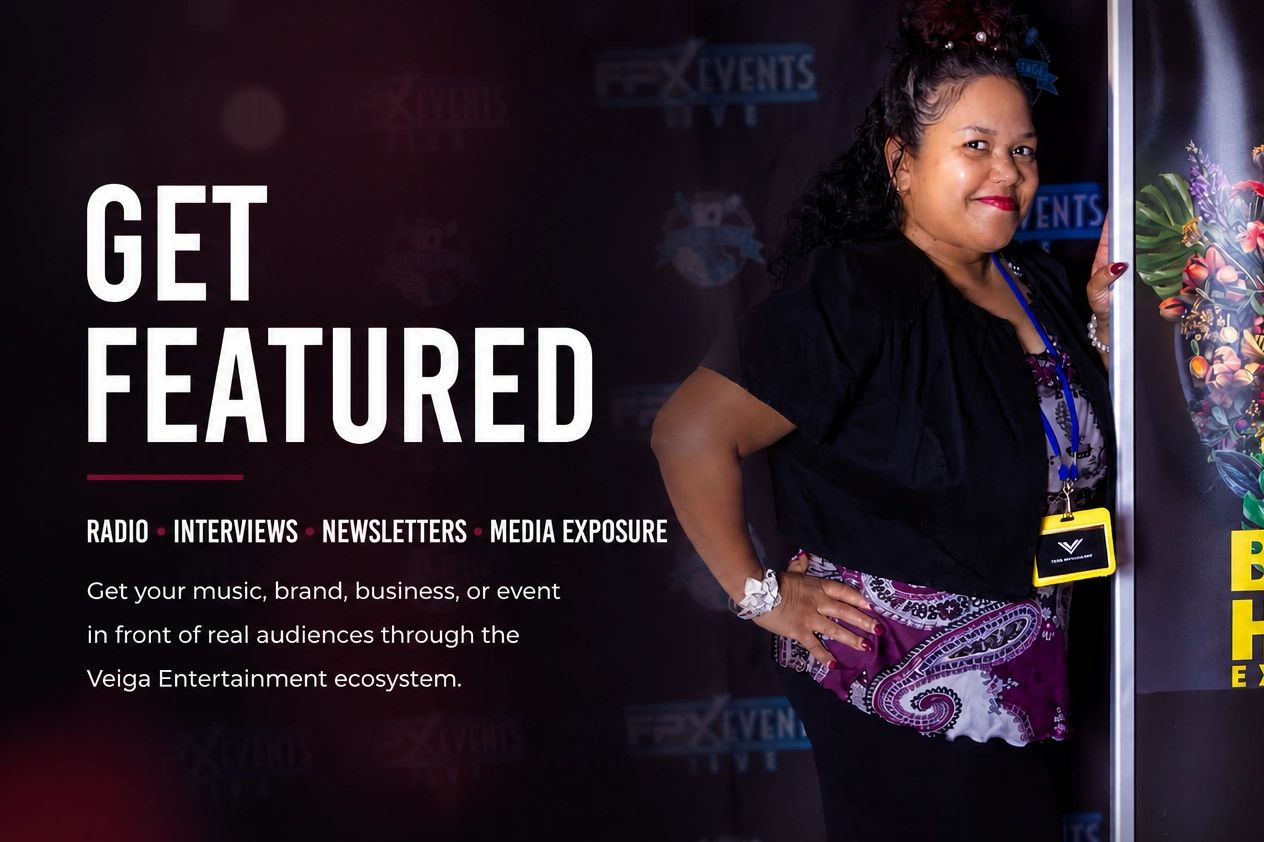 Woman posing at an event promoting media exposure opportunities.