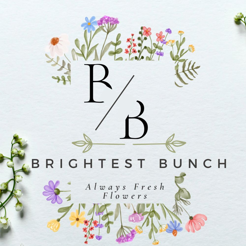 Brightest Bunch floral logo with colorful flowers and text.