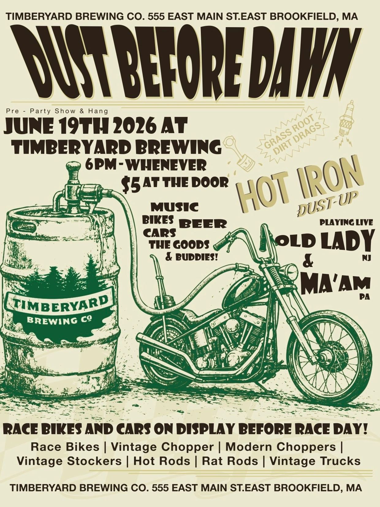 Dust Before Dawn event at Timberyard Brewing with live music, bikes, cars, and more on June 19, 2026.