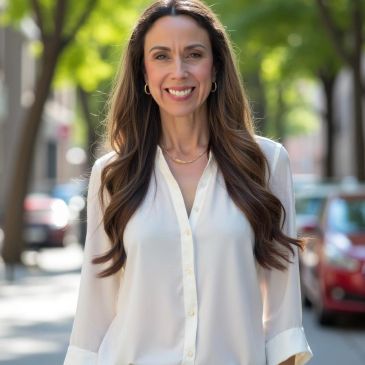 Smiling woman standing outdoors on a city street.