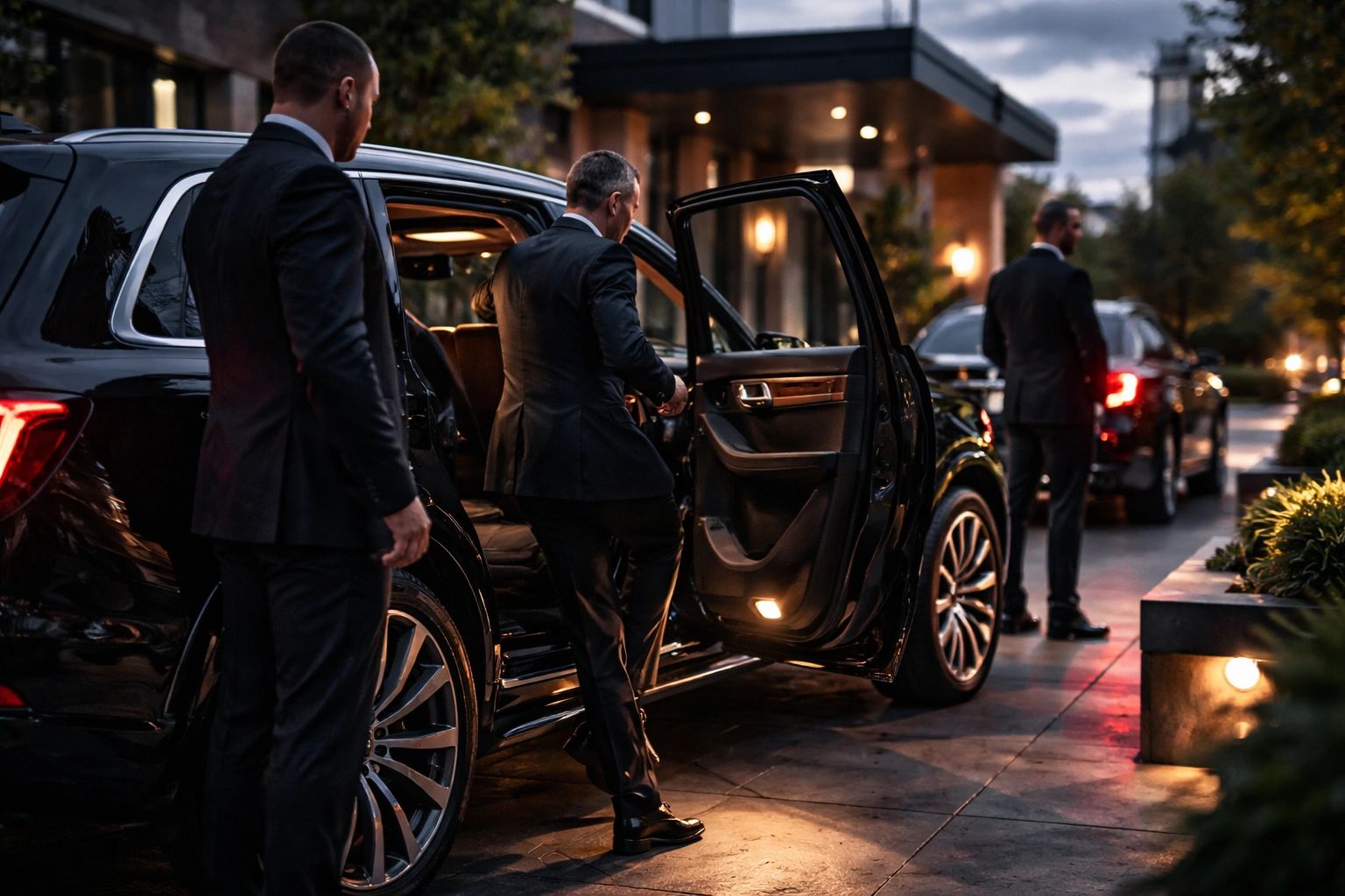 Three men in suits with luxury black SUVs in an urban setting at dusk.