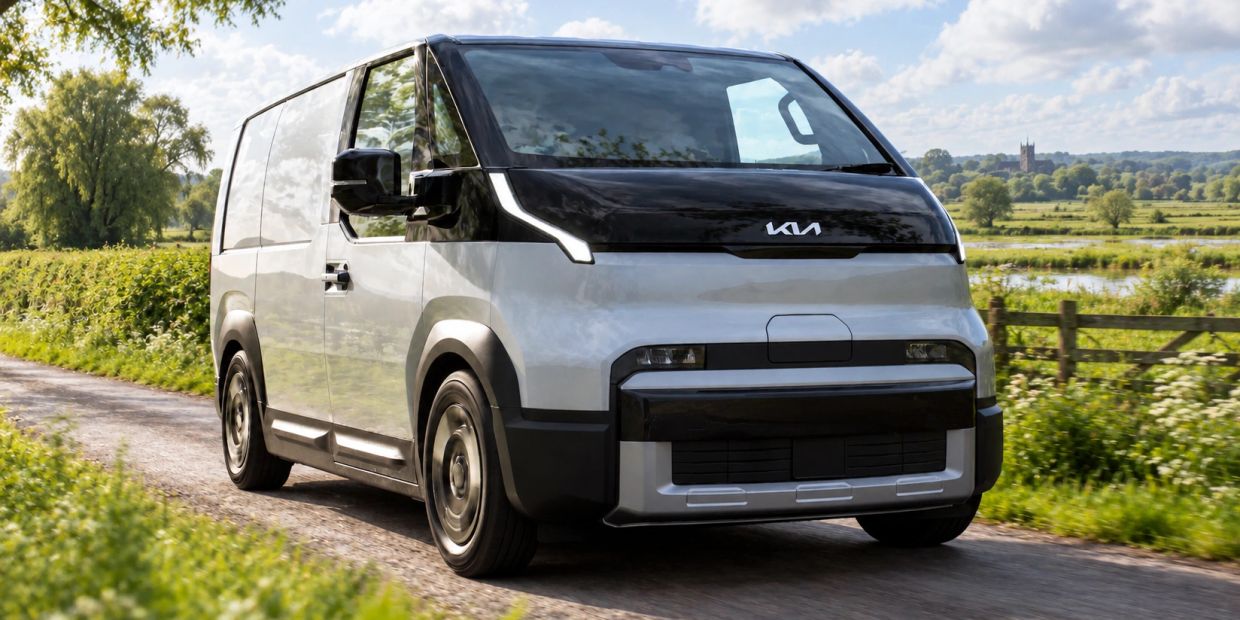 Modern Kia electric van driving on a country road.