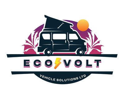 Logo depicting an electric camper van with tropical plants and sun.