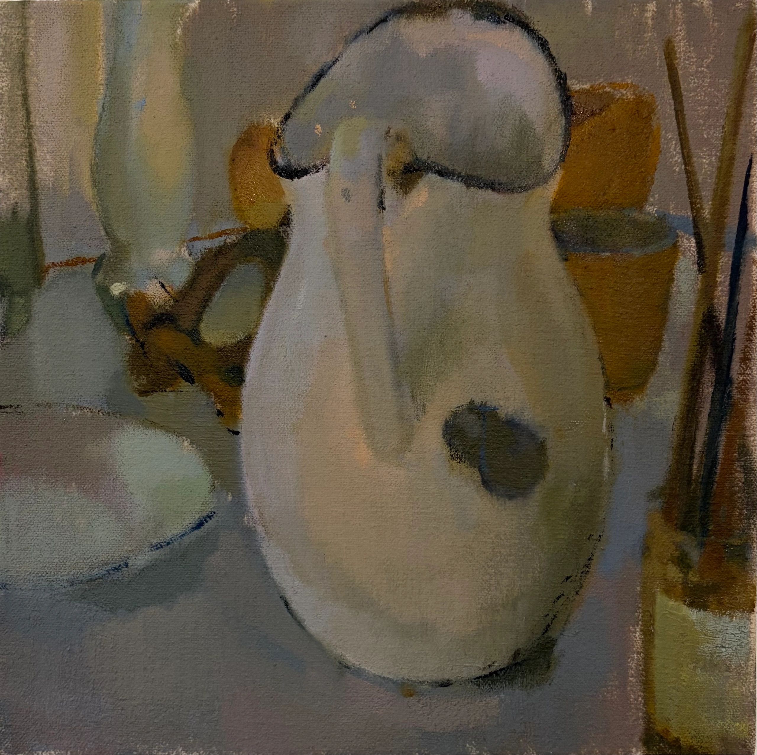 Abstract painting of an egg and spoon.