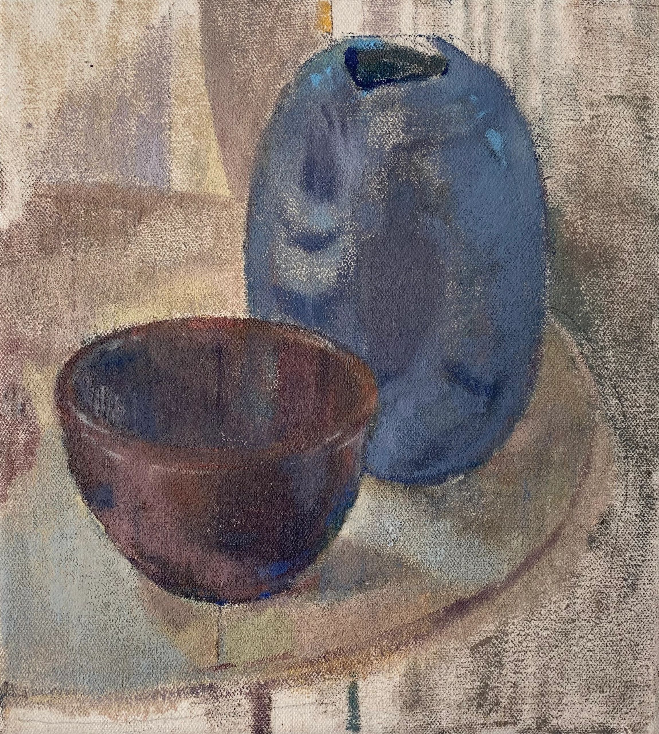 Still life painting of two vessels on a textured surface.