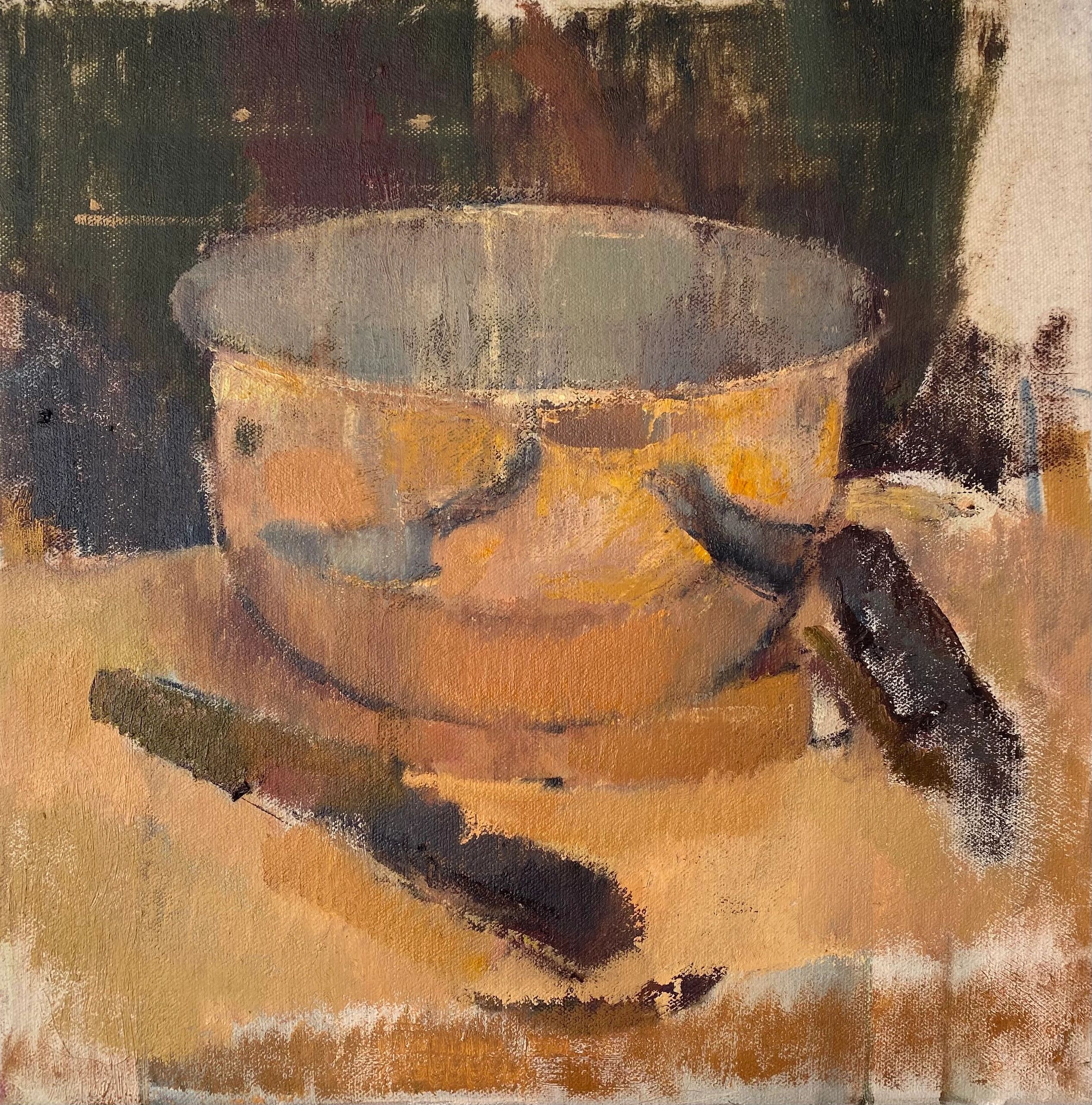 Abstract painting of a round object and textured background.