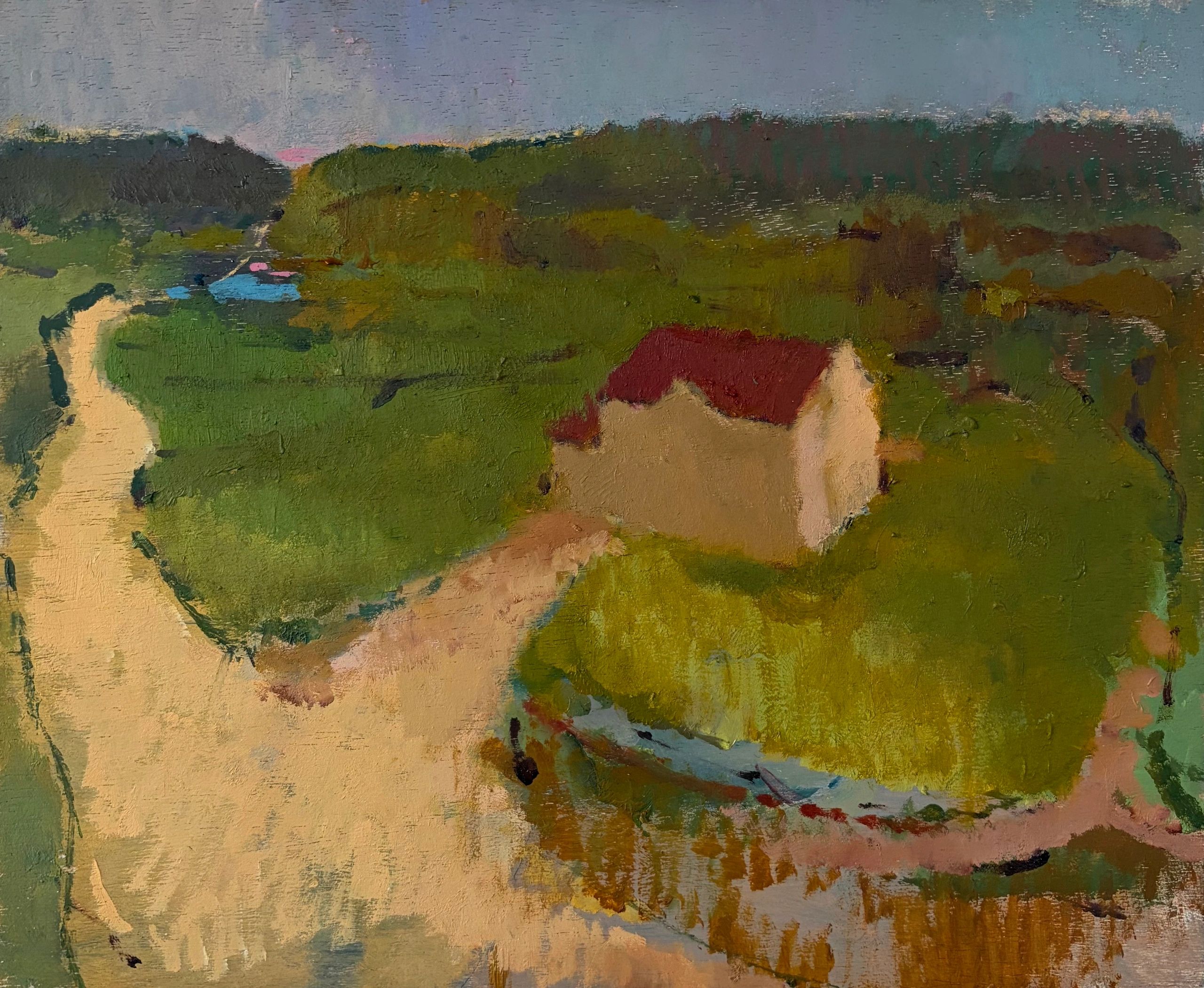 Impressionist landscape with a small house and blue sky.