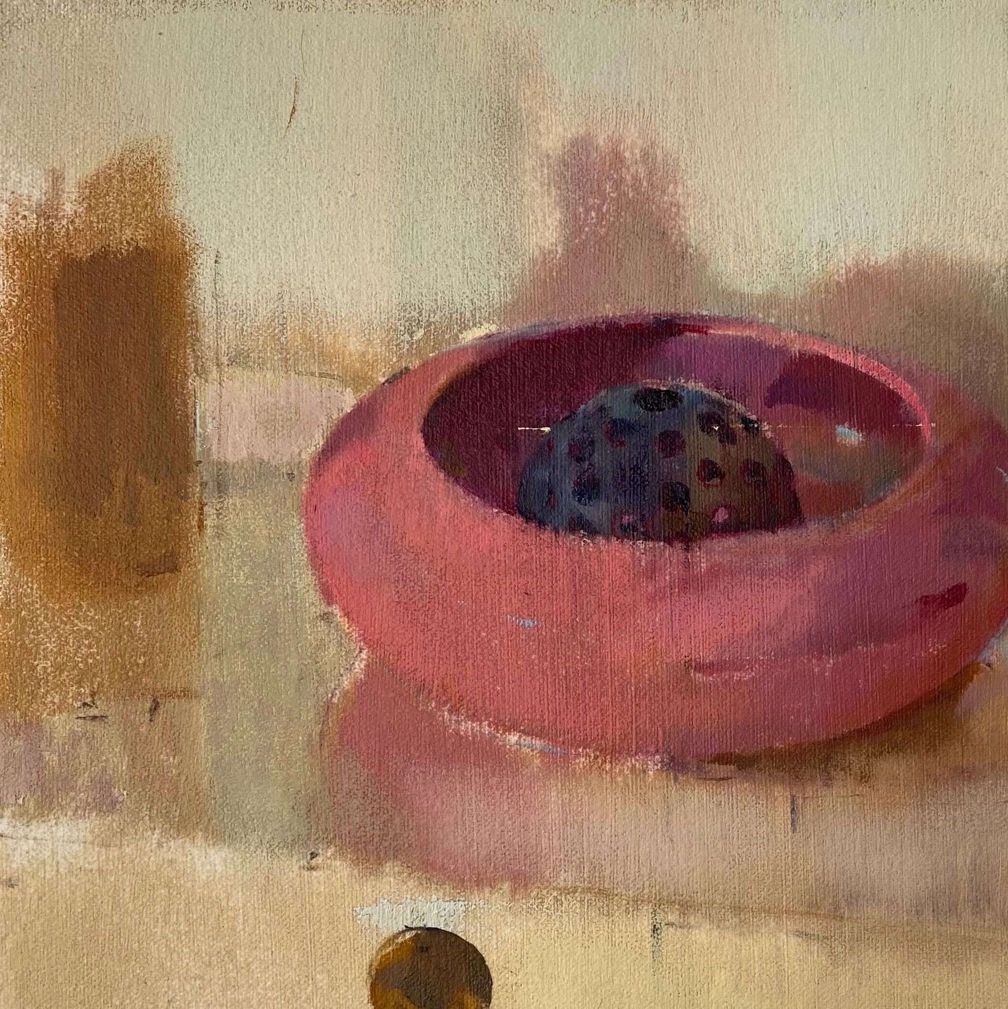 Abstract painting of a red circular object with a blue background.